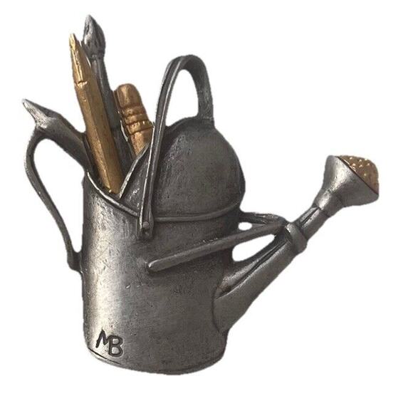 Vintage Pewter Brooch Pin Garden Water Can Paint Brushes Signed M. Basting 1999 - Picture 1 of 9